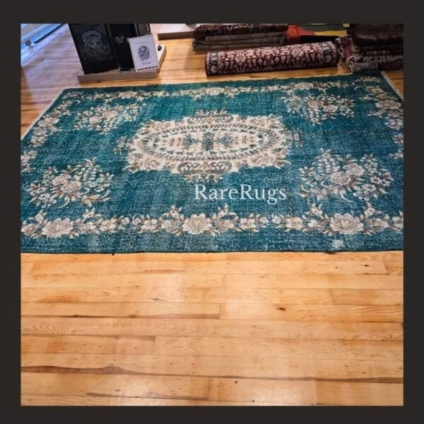 One of a kind vintage Turkish rug Isparta 9.8x7 handmade wool teal medallion rare color