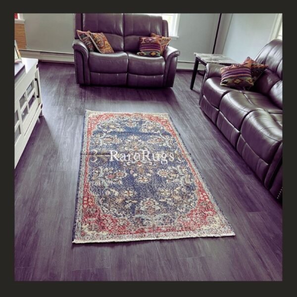 Vintage Turkish runner rug Isparta 7x3 handmade wool blue design