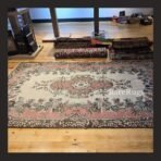 One of a kind vintage Turkish rug Isparta 10x6 handmade wool soft pink neutral floral design