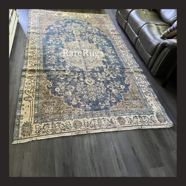 One of a kind vintage Turkish rug Isparta 10.3x6 handmade wool blue medallion very rare design