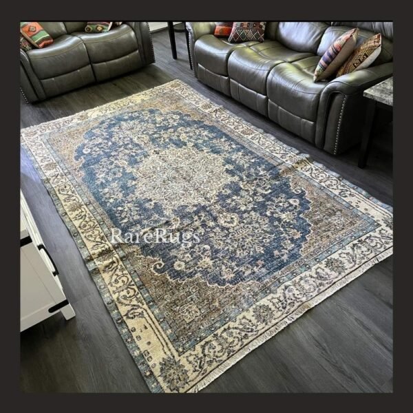 hali28i One of a kind vintage Turkish rug Isparta 10.3x6 handmade wool blue medallion very rare design