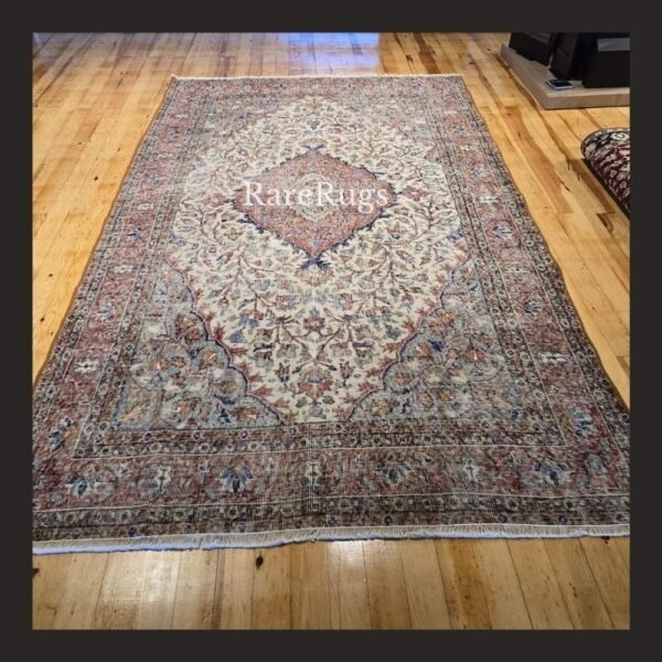 One of a kind vintage Turkish rug Isparta 8.8x5.4 handmade wool neutral floral design