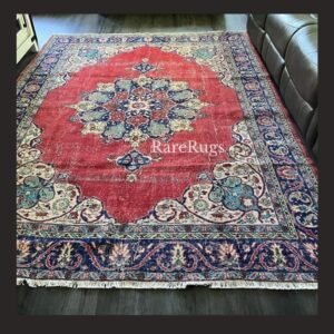 Vintage Turkish rug Isparta 9.3x6.8 handmade wool red medallion design