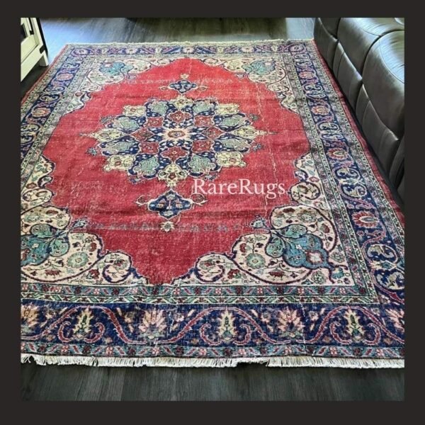 Vintage Turkish rug Isparta 9.3x6.8 handmade wool red medallion design