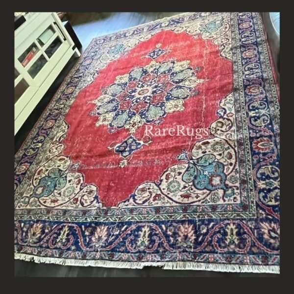 hali35c Vintage Turkish rug Isparta 9.3x6.8 handmade wool red medallion design