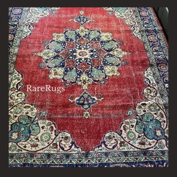 hali35f Vintage Turkish rug Isparta 9.3x6.8 handmade wool red medallion design