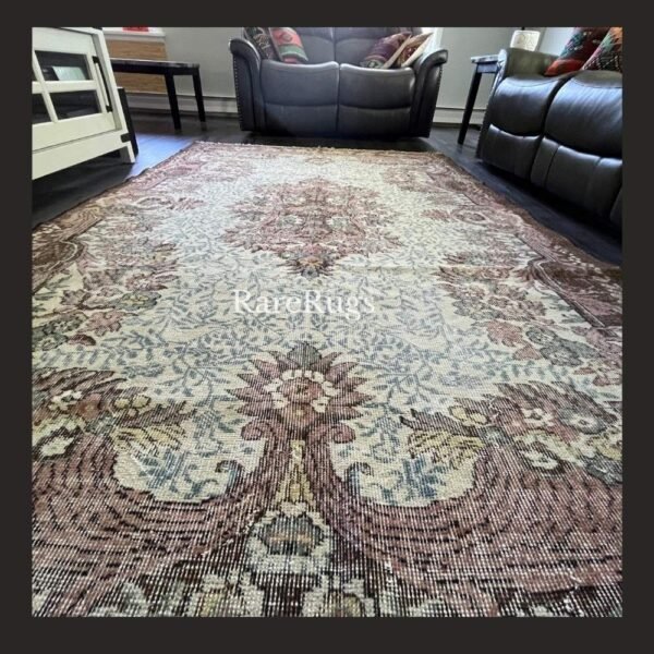 hali42d Vintage Turkish rug Isparta 9.4x6 handmade wool neutral floral design