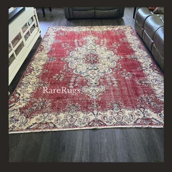 hali46a Vintage Turkish rug Isparta 9.8x7 handmade wool red medallion design