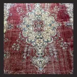 Vintage Turkish rug Isparta 9.8x7 handmade wool red medallion design