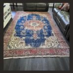 Vintage Turkish rug Isparta 11x6.6 handmade wool blue medallion design