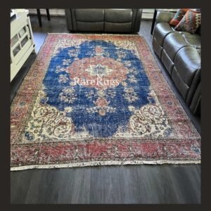 Vintage Turkish rug Isparta 11x6.6 handmade wool blue medallion design