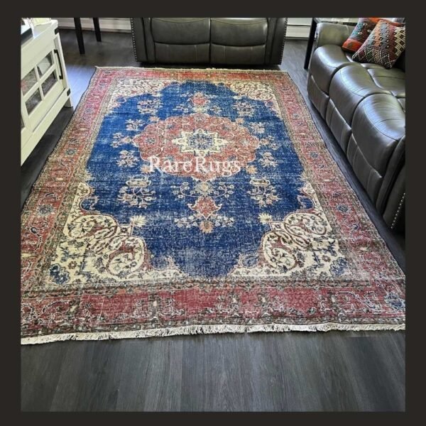 hali47a Vintage Turkish rug Isparta 11x6.6 handmade wool blue medallion design