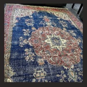 Vintage Turkish rug Isparta 11x6.6 handmade wool blue medallion design