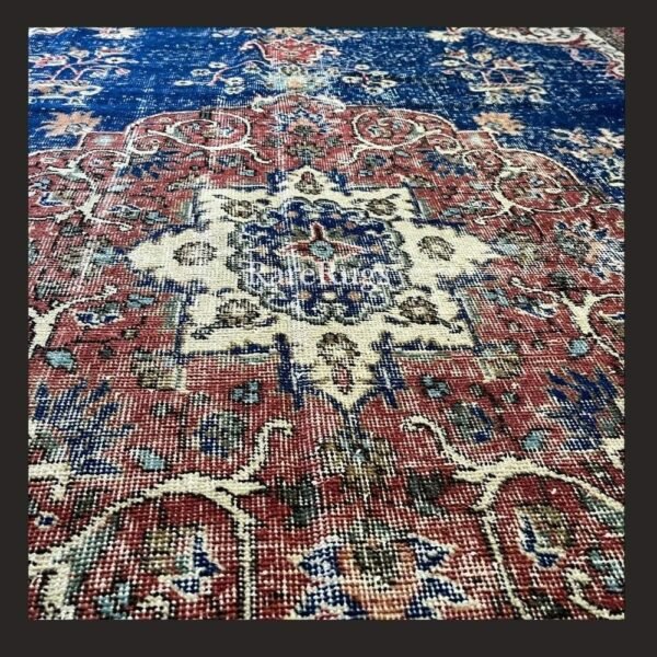 hali47c Vintage Turkish rug Isparta 11x6.6 handmade wool blue medallion design