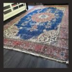 Vintage Turkish rug Isparta 11x6.6 handmade wool blue medallion design