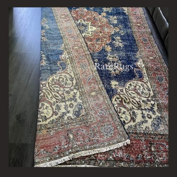 hali47e Vintage Turkish rug Isparta 11x6.6 handmade wool blue medallion design