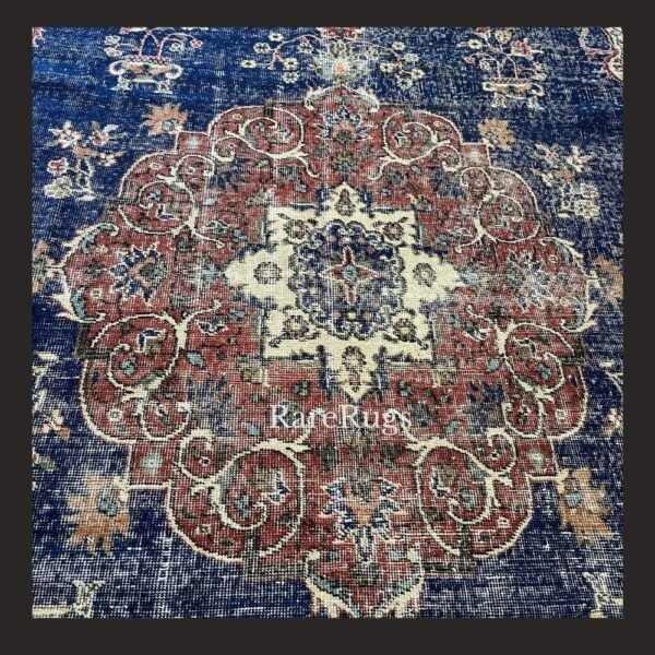 hali47f Vintage Turkish rug Isparta 11x6.6 handmade wool blue medallion design