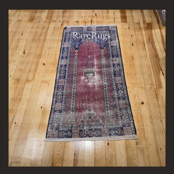 One of a kind vintage Turkish prayer rug Isparta 4.6x2.4 handmade wool traditional design