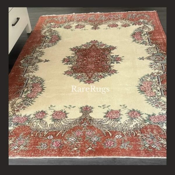 One of a kind vintage Turkish rug Isparta 9.1x5.7 handmade wool medallion motif beige red