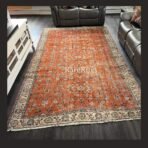 One of a kind vintage Turkish rug 10.8x7.5 handmade wool rust orange floral design