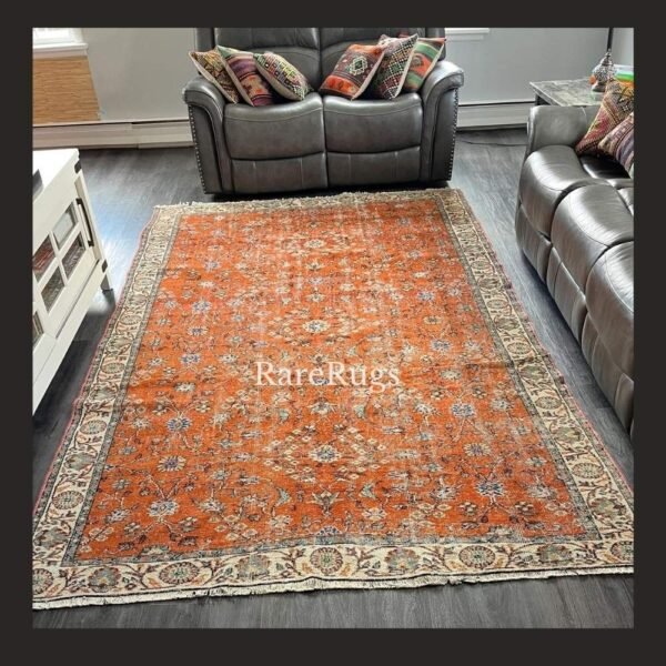 haliBb One of a kind vintage Turkish rug 10.8x7.5 handmade wool rust orange floral design