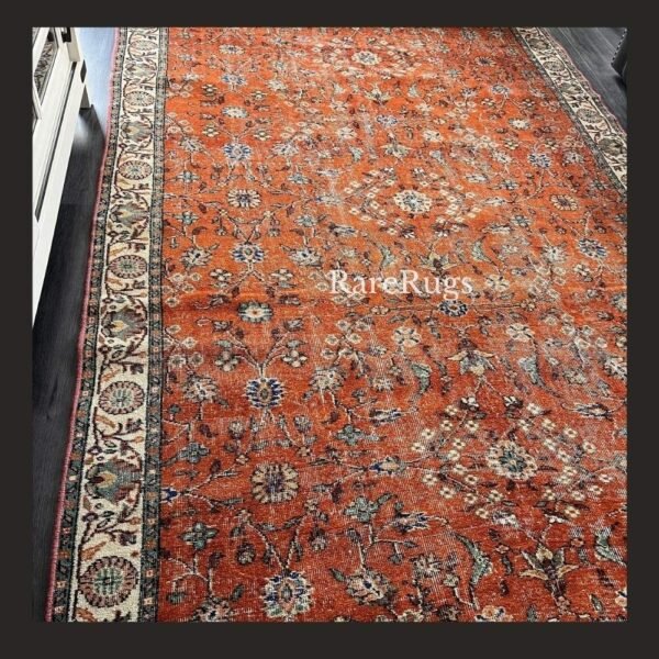 haliBc One of a kind vintage Turkish rug 10.8x7.5 handmade wool rust orange floral design