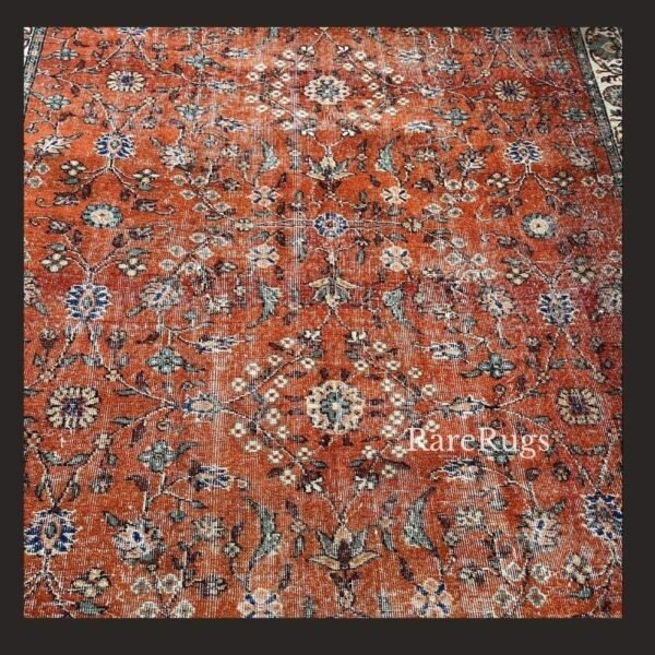 haliBd One of a kind vintage Turkish rug 10.8x7.5 handmade wool rust orange floral design