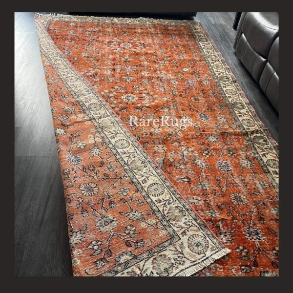 haliBe One of a kind vintage Turkish rug 10.8x7.5 handmade wool rust orange floral design