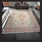 One of a kind vintage Turkish rug Isparta 11x7 handmade wool soft neutral floral medallion design