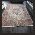One of a kind vintage Turkish rug Isparta 9x6 handmade wool soft neutral floral medallion design
