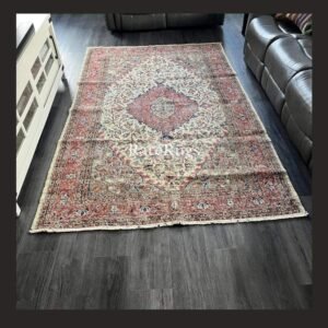 One of a kind vintage Turkish rug Isparta 9x6 handmade wool soft neutral floral medallion design