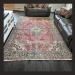 One of a kind vintage Turkish rug Isparta 10.7x6.6 handmade wool soft red floral medallion design