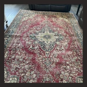One of a kind vintage Turkish rug Isparta 10.7x6.6 handmade wool soft red floral medallion design