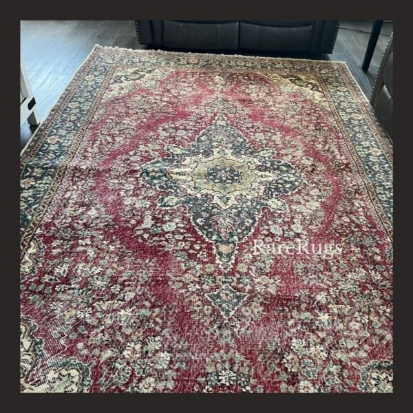 haliEb One of a kind vintage Turkish rug Isparta 10.7x6.6 handmade wool soft red floral medallion design