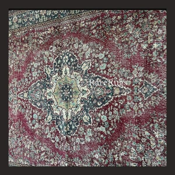 haliEc One of a kind vintage Turkish rug Isparta 10.7x6.6 handmade wool soft red floral medallion design