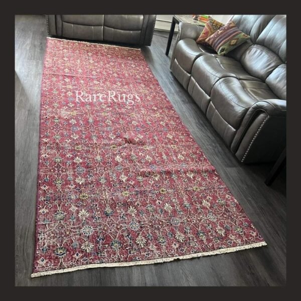 One of a kind vintage Turkish runner rug Isparta 12.5x4.8 handmade wool red floral design