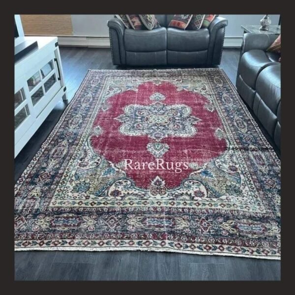 One of a kind vintage Turkish rug Isparta 11.3x6.3 handmade wool red medallion floral design