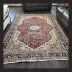 One of a kind vintage Turkish rug Isparta 9x6 handmade wool red medallion floral design