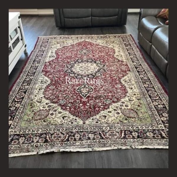 One of a kind vintage Turkish rug Isparta 9x6 handmade wool red medallion floral design