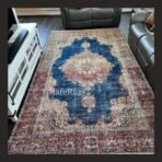 One of a kind vintage Turkish rug Isparta 11.3x6.8 handmade wool blue medallion floral design