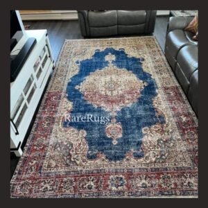 One of a kind vintage Turkish rug Isparta 11.3x6.8 handmade wool blue medallion floral design