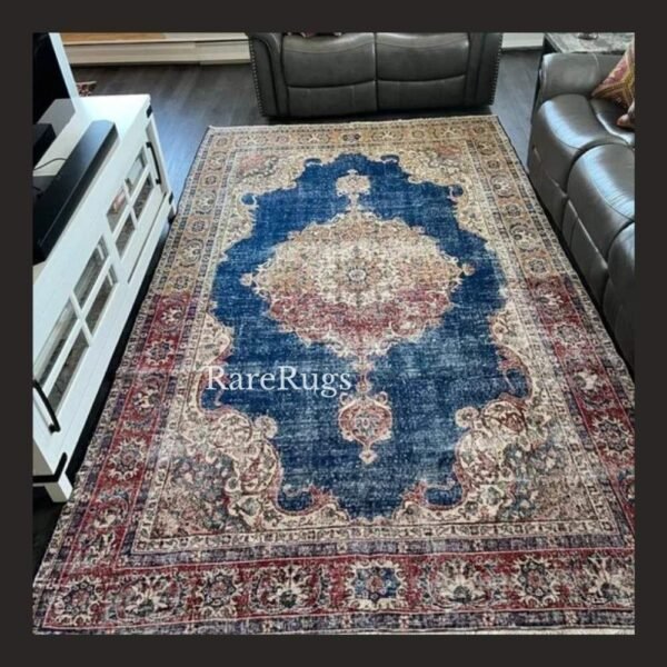 One of a kind vintage Turkish rug Isparta 11.3x6.8 handmade wool blue medallion floral design