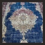 One of a kind vintage Turkish rug Isparta 11.3x6.8 handmade wool blue medallion floral design