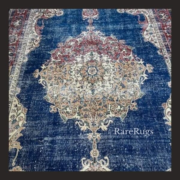 haliHd One of a kind vintage Turkish rug Isparta 11.3x6.8 handmade wool blue medallion floral design
