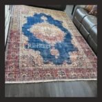 One of a kind vintage Turkish rug Isparta 11.3x6.8 handmade wool blue medallion floral design