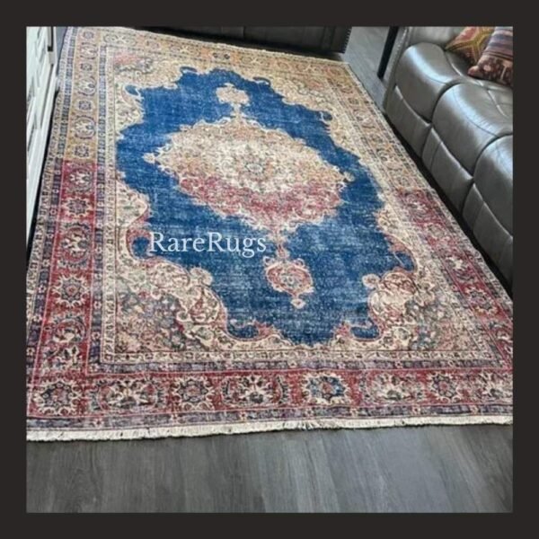 haliHe One of a kind vintage Turkish rug Isparta 11.3x6.8 handmade wool blue medallion floral design