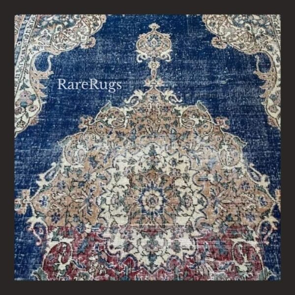 haliHg One of a kind vintage Turkish rug Isparta 11.3x6.8 handmade wool blue medallion floral design