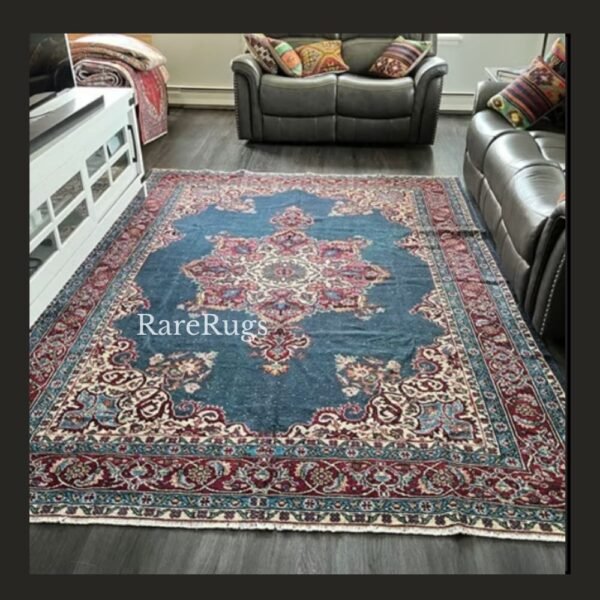 #NO1Dra Vintage Turkish rug Isparta 10x7 handmade wool blue ,red medallion design