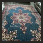 Vintage Turkish rug Isparta 10x7 handmade wool blue ,red medallion design