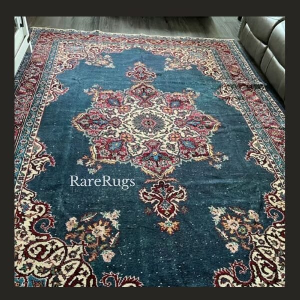 #NO1Drb Vintage Turkish rug Isparta 10x7 handmade wool blue ,red medallion design